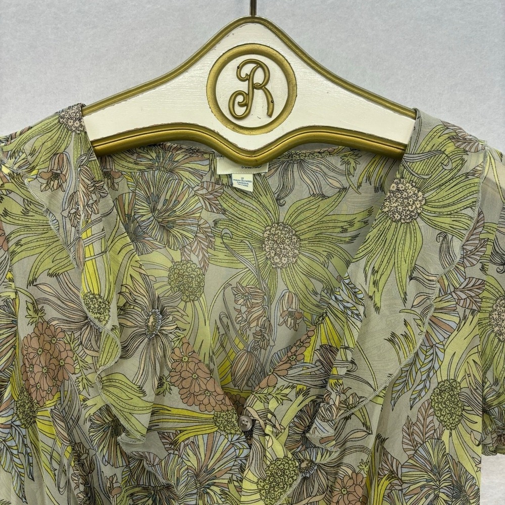 Odille Anthropologie Silk Floral Ruffle Blouse Womens Size 2 Green Boho Feminine - Picture 3 of 9